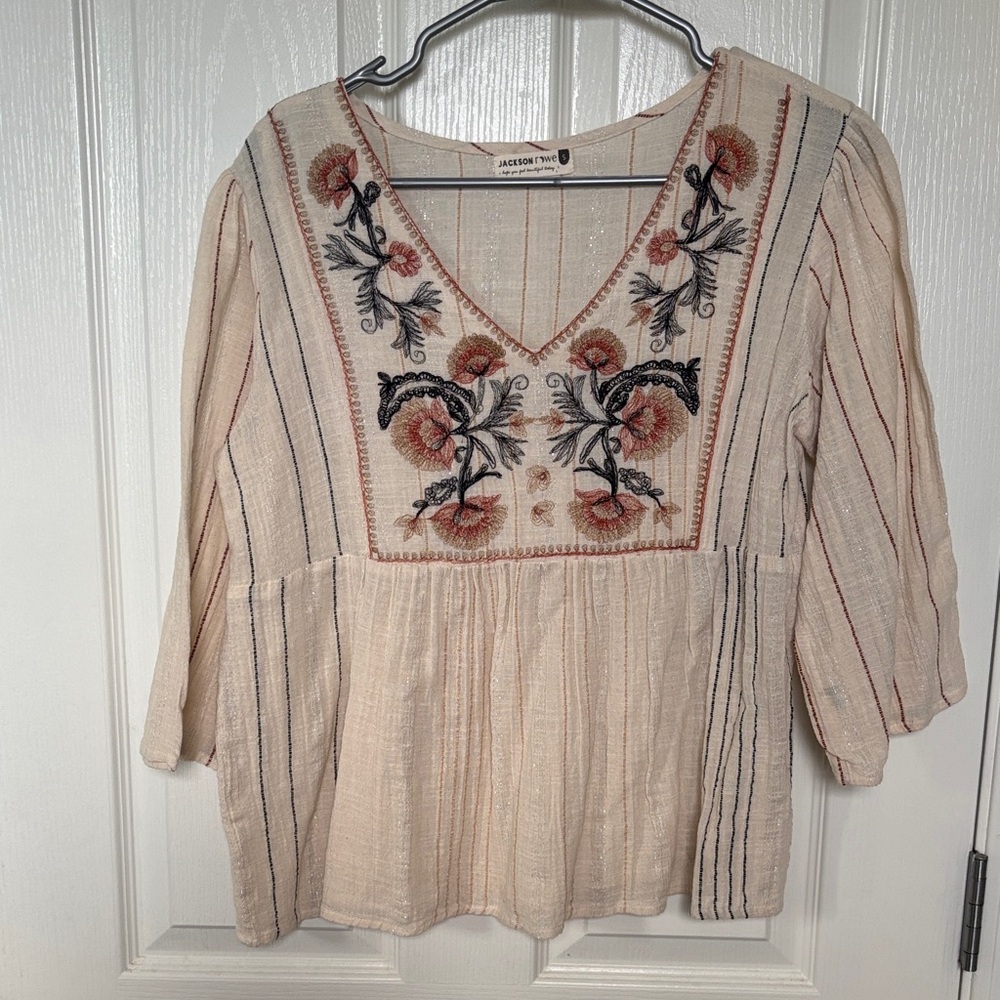 Jackson Rowe Cream Embroidered V-Neck Peasant Top